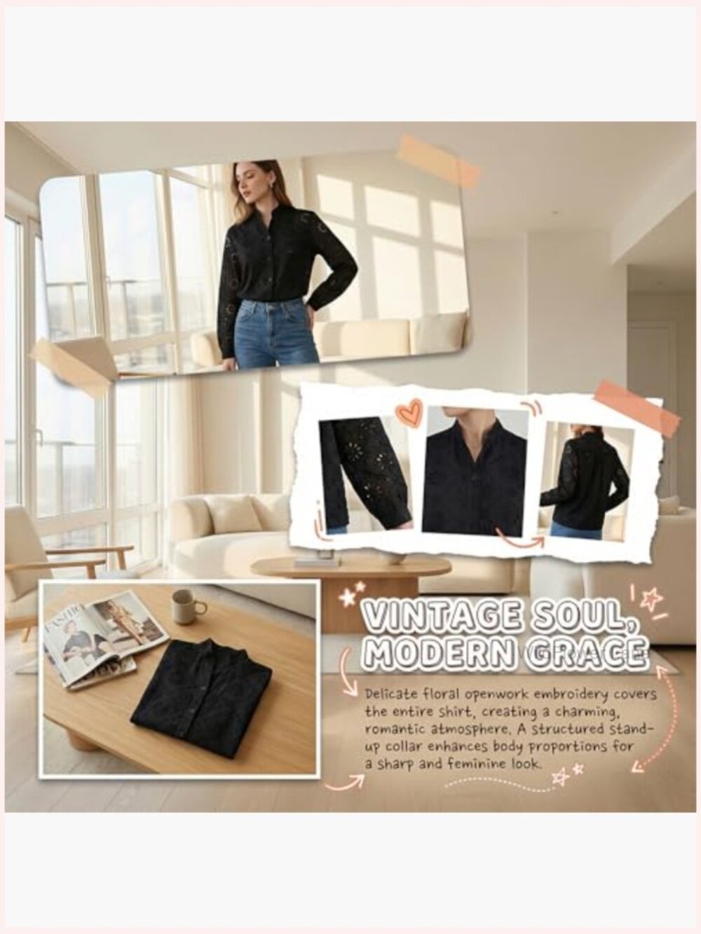 Eyelet Floral Embroidered Blouse Long Sleeve Mock Neck Lace Shirt - Picture 3 of 6